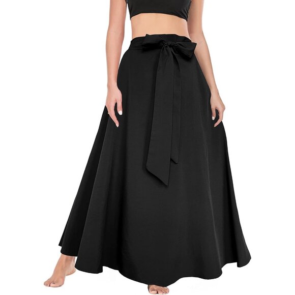 Chic Plus Size High Waist A-Line Maxi Skirt with Functional Pockets & Tie Front - Picture 4 of 5